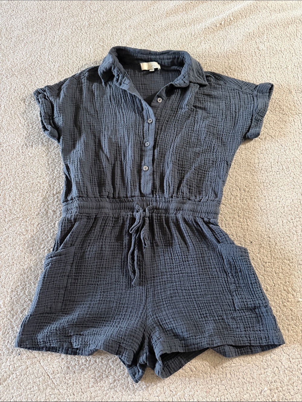 Pinch Navy Grey Blue Gauze Cotton Short Sleeve One-Piece Romper Medium